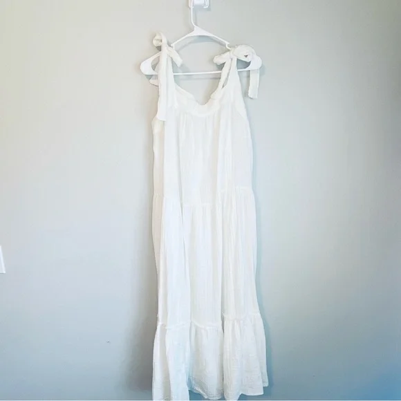 Madewell Cream Linen Maxi Dress with bow ties on shoulder - Picture 5 of 5